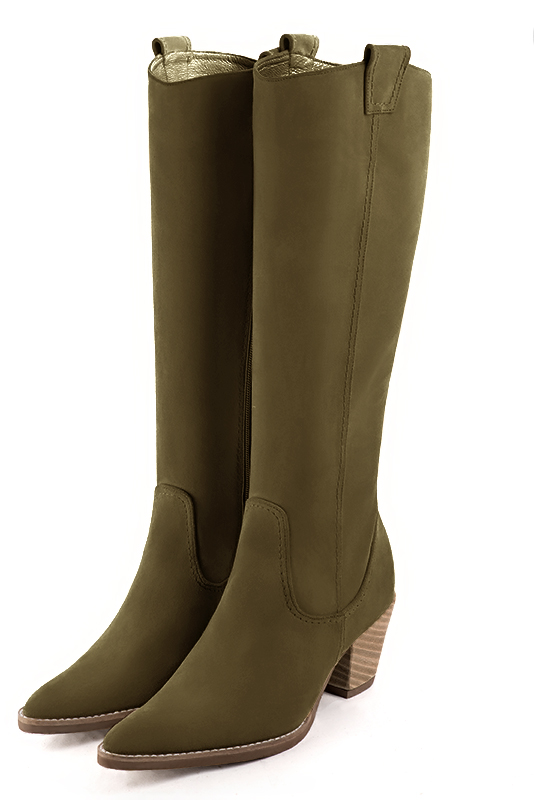 Khaki green women's cowboy boots. Tapered toe. Medium cone heels. Made to measure. Front view - Florence KOOIJMAN